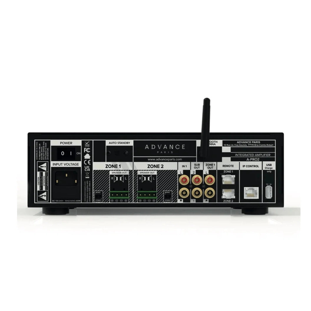 Advance Paris A-PRO2 pre-release rear panel showing two speaker zones, optical and coaxial digital inputs, Ethernet, trigger, and USB service port